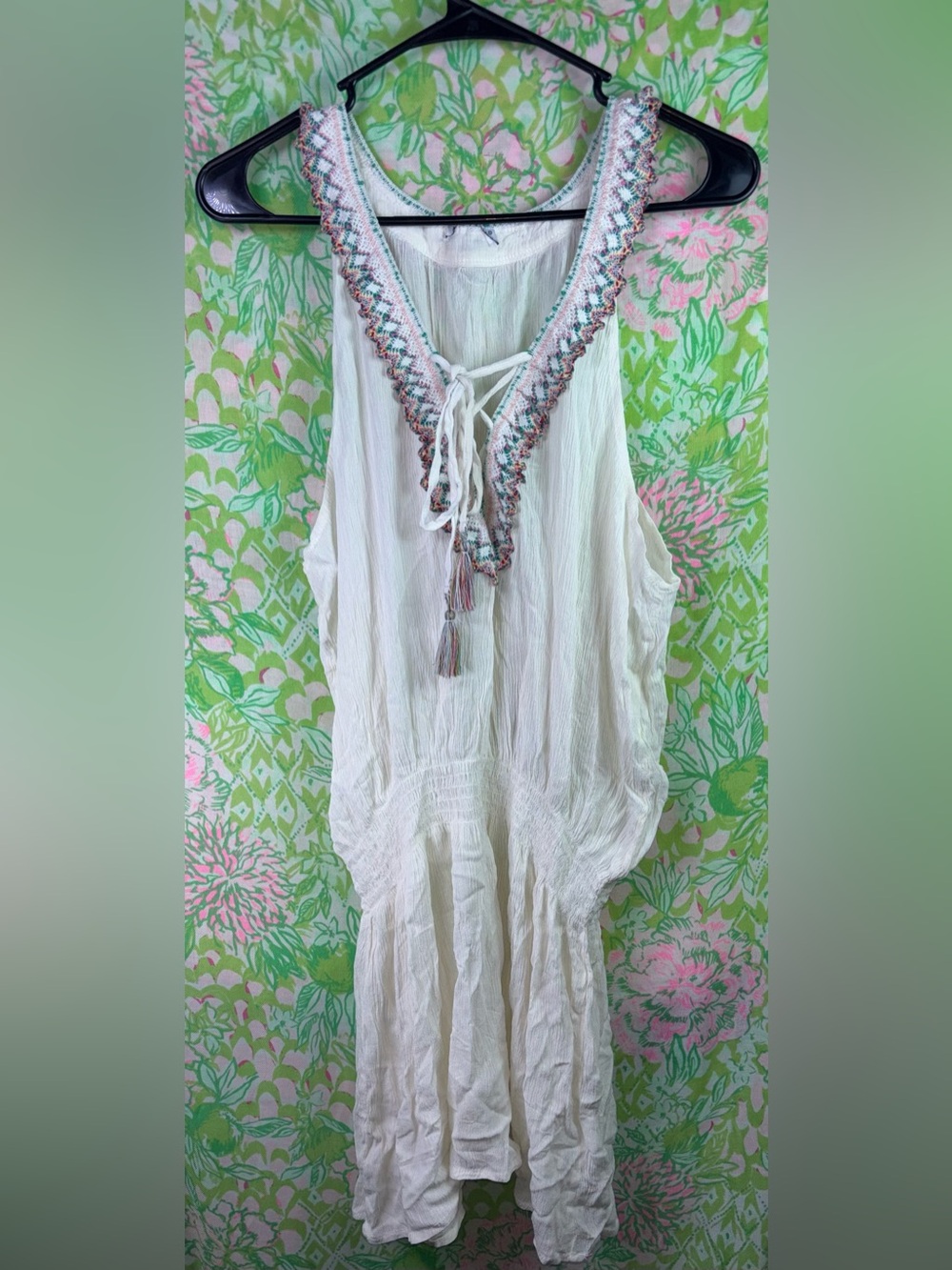 Boho Embroidered Tassel V-Neck White Mini Dress NWOT LARGE - Picture 6 of 8